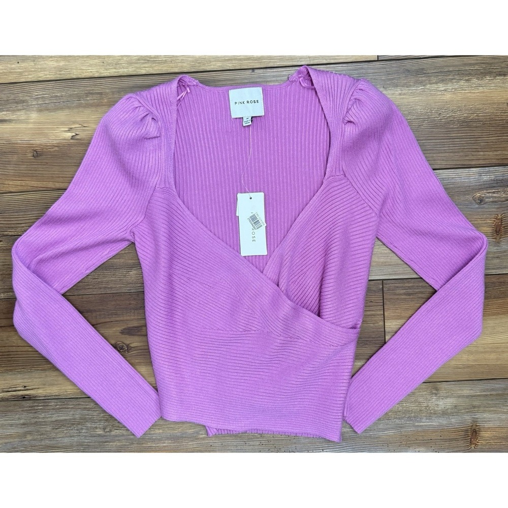 Pink Rose Ribbed Wrap Sweater Womens Medium Orchid Pink Puff Sleeve NWT